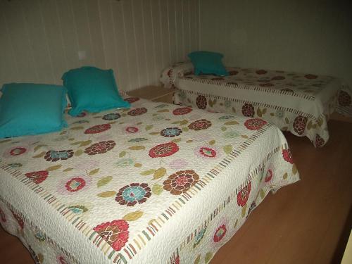 two beds in a room with a bedsheet with flowers on it at Hotel A Santiago in Belorado