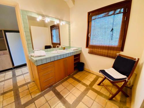 uma casa de banho com um lavatório, uma cadeira e um espelho. em L’antilope em Nançay