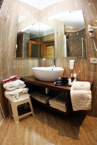 a bathroom with a sink and a large mirror at Cavallino Lovely Hotel in Andalo