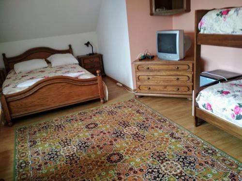 a bedroom with a bed and a tv and a rug at VITA Augustów in Augustów