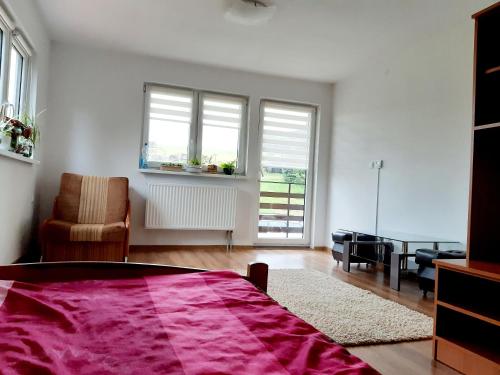 a bedroom with a bed and a chair and windows at U Górala Tadzia in Krynica Zdrój