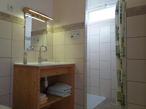 a bathroom with a sink and a mirror at Hôtel Bellier in La Chapelle-en-Vercors