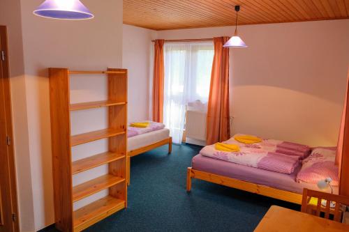 a bedroom with two beds and a window at Horská Kvilda - Ubytování U Chvalů in Horská Kvilda