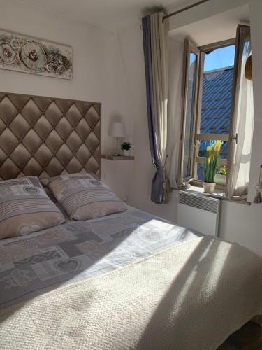 Un dormitorio con una cama grande y una ventana en Les Appartements Le Saint Pierre en Barcelonnette