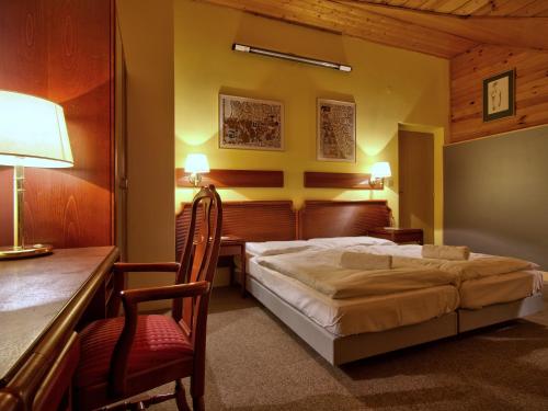 - une chambre avec un lit, un bureau et une chaise dans l'établissement Penzion Topas, à Bylnice