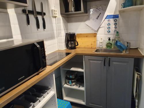 a small kitchen with a sink and a microwave at Brukshotellet Skinnsberg in Skinnskatteberg
