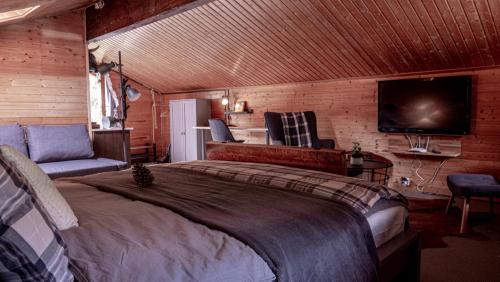 a bedroom with a large bed and a flat screen tv at Relais des Mélèzes in Vissoie