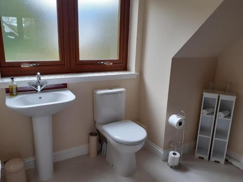 
a bathroom with a sink, toilet and window at Beechwood Cottage B&B in Glencoe
