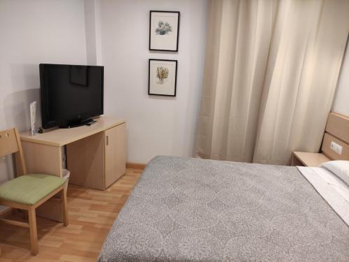 a bedroom with a bed and a tv and a chair at Nap Carta Puebla in Oviedo