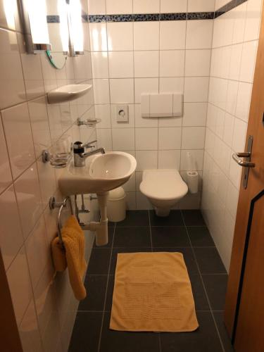 ein kleines Bad mit einem Waschbecken und einem WC in der Unterkunft Apart Bellezza in Samnaun