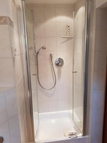 La salle de bains est pourvue d'une douche avec une porte en verre. dans l'établissement Gasthof & Pension Erlengrund, à Gersfeld