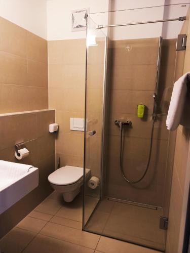 a bathroom with a shower with a toilet and a sink at Sankt Magdalena in Linz