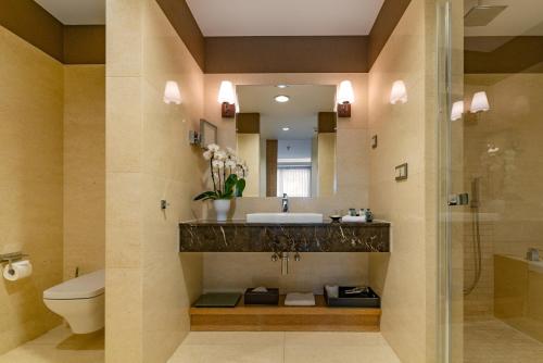 a bathroom with a sink and a toilet at Tiffi Boutique Hotel in Olsztyn