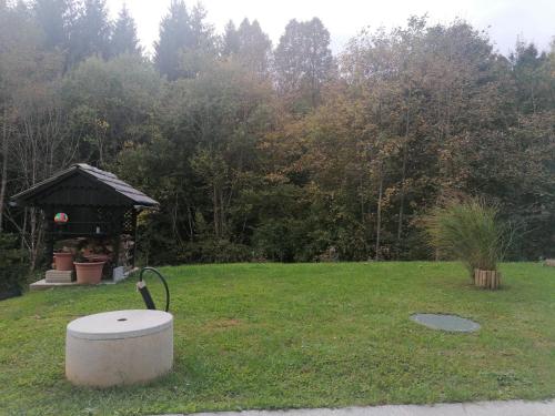 a park with a gazebo and a grill in the grass at Apartma Gače in Semič
