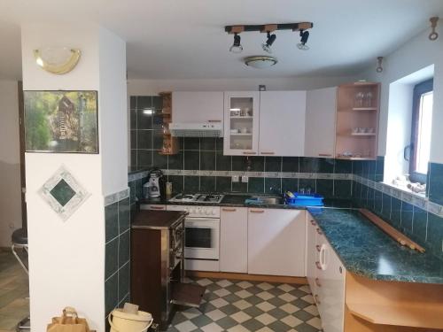 a kitchen with white cabinets and green tiles at Apartma Gače in Semič