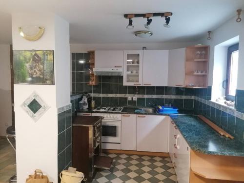 uma cozinha com armários brancos e azulejos verdes em Apartma Gače em Semič