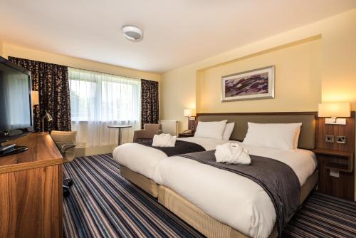 um quarto de hotel com duas camas e uma televisão de ecrã plano em Holiday Inn Norwich, Ipswich Road, an IHG Hotel em Norwich