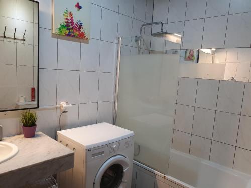 ein Badezimmer mit einer Waschmaschine und einem Waschbecken in der Unterkunft apartment Playa Fañabe in Adeje