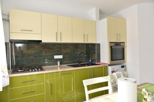 uma cozinha com armários verdes e um lavatório em Apartament Stefan em Băile Govora
