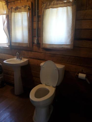 uma casa de banho com um WC e um lavatório em The Mountaineer - Rustic Mountain Yurt em Genoa