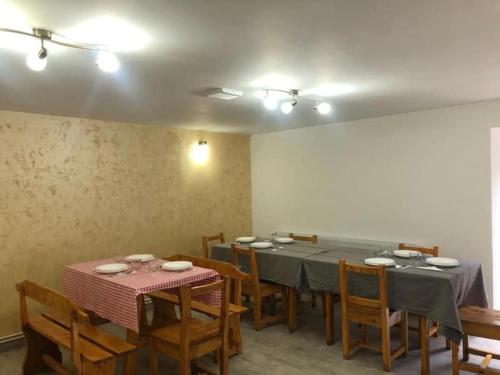 a dining room with a long table and chairs at CABANA MARIA-PETRIMANU in Ciungetu