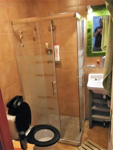 a bathroom with a shower with a toilet and a sink at CALANURI in García