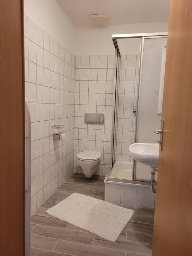 a bathroom with a toilet and a sink at Jena Paradies in Jena