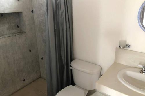 Studio Loft Cozumel في كوزوميل: حمام مع مرحاض ومغسلة ودش