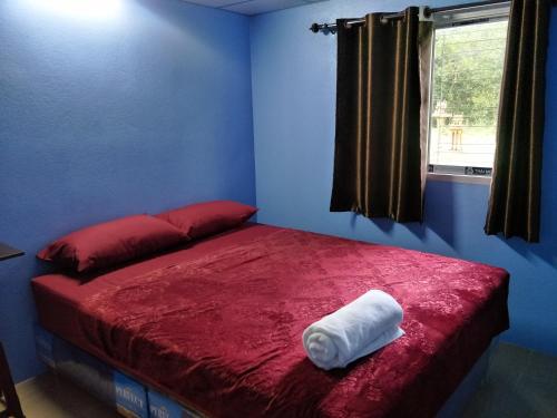 een bed in een blauwe kamer met een wit kussen erop bij Home hug villa in Ban Bang Rin (1)