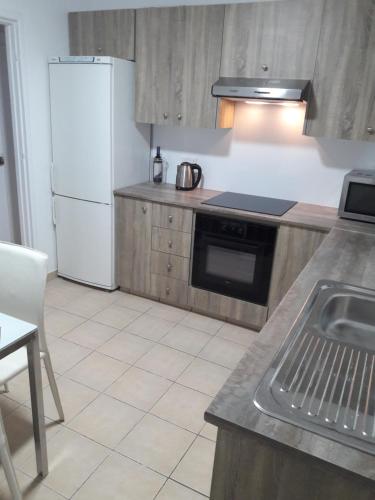 La cuisine est équipée d'un réfrigérateur blanc et d'un évier. dans l'établissement Holiday home, à Larnaka
