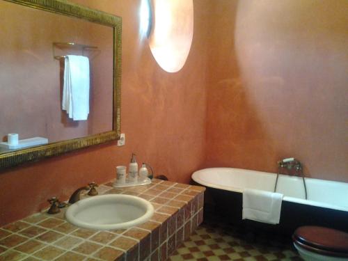 a bathroom with a tub and a sink and a mirror at Hacienda La Indiana in Los Palacios y Villafranca