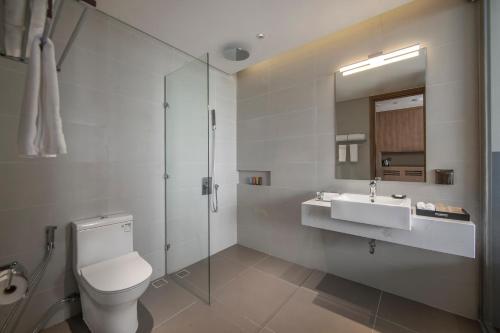 a bathroom with a toilet and a sink and a shower at Flamingo Resort Cat Ba in Cat Ba