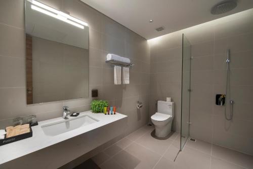a bathroom with a sink and a toilet and a shower at Flamingo Resort Cat Ba in Cat Ba