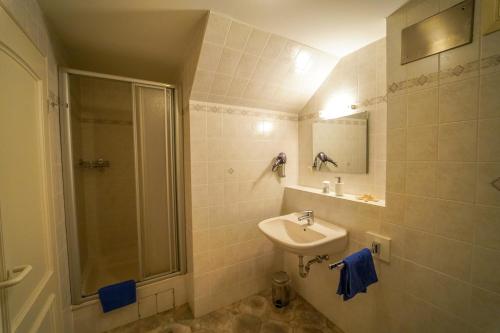 a bathroom with a sink and a shower at Hotel Celler Auszeit in Celle
