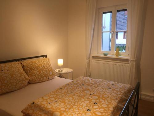 Schlafzimmer mit einem großen Bett und einem Fenster in der Unterkunft Turmwohnung Büdinger Hof in Weinheim