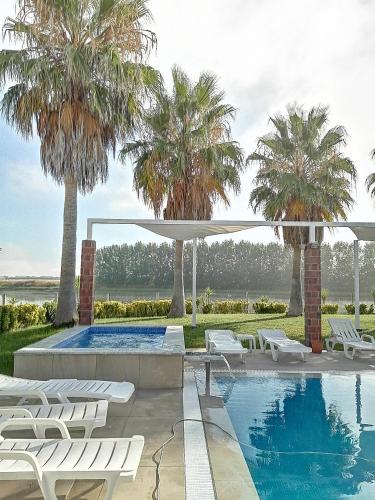 a swimming pool with white chairs and palm trees at Herdade da Diabroria - Agroturismo in Beja