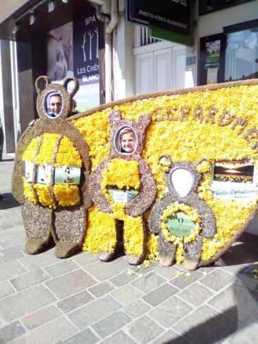 two people in a large display of flowers at Le Trèfle d'Or in Gérardmer