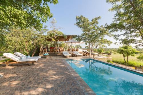 a swimming pool with chairs and a house at Baobab Ridge in Klaserie Private Nature Reserve