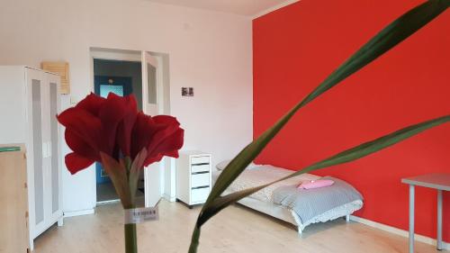 a red rose in a white vase on the floor at Private Cool Rooms Plebiscytowa in Katowice