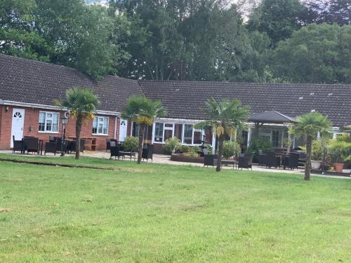 un edificio con sillas y palmeras delante de él en Aldercarr Hall, en Attleborough