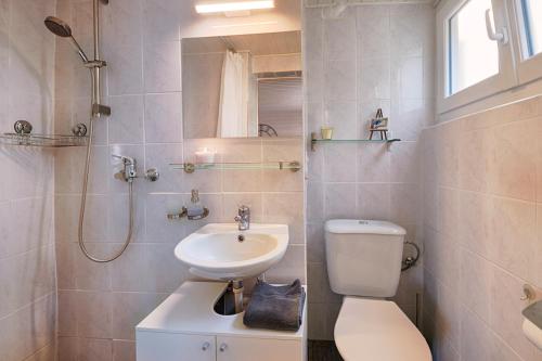 a bathroom with a sink and a toilet and a shower at Chez Marie-Claude in Vendlincourt