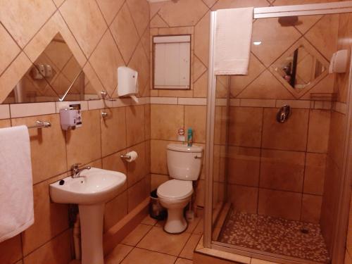 a bathroom with a toilet and a sink and a shower at Zebra Guesthouse in Lephalale