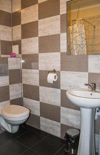 a bathroom with a toilet and a sink at Hotel Olimpik Park in Słubice