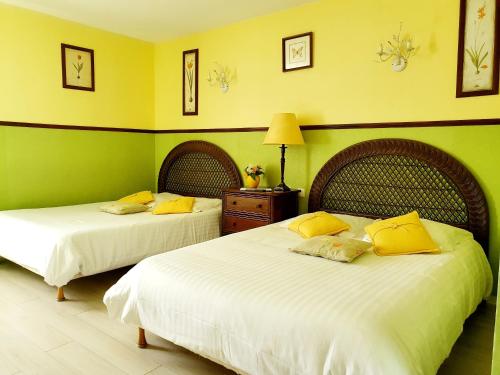 two beds in a room with yellow and green walls at Hôtel Restaurant Ferme de la Grande Cour in Honfleur