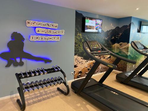 una sala de fitness con 2 cintas de correr y una cinta de correr en Holiday Inn Munich - Leuchtenbergring, an IHG Hotel, en Múnich