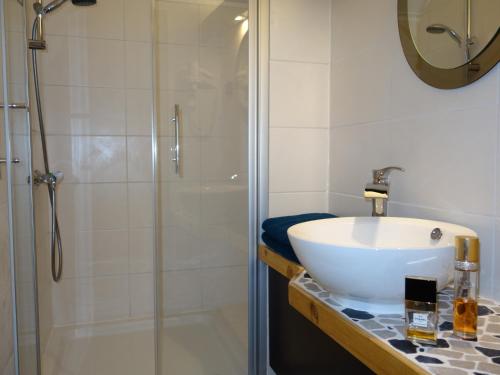 La salle de bains est pourvue d'un lavabo et d'une douche. dans l'établissement Mosea, à Zeltingen-Rachtig