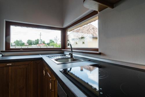 eine Küche mit Spüle und Fenster in der Unterkunft Pensiunea Agroturisticā Lukács Panzió in Ujfalù