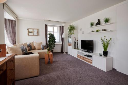 a living room with a couch and a tv at Hotel Krone in Schruns-Tschagguns