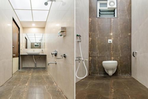 Duas fotografias de uma casa de banho com WC e lavatório. em Hotel Om Inn - Talegaon Dabhade em Talegaon Dābhāde