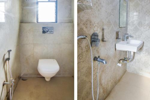 Duas fotografias de uma casa de banho com WC e lavatório. em Kiaan Inn em Calcutá
